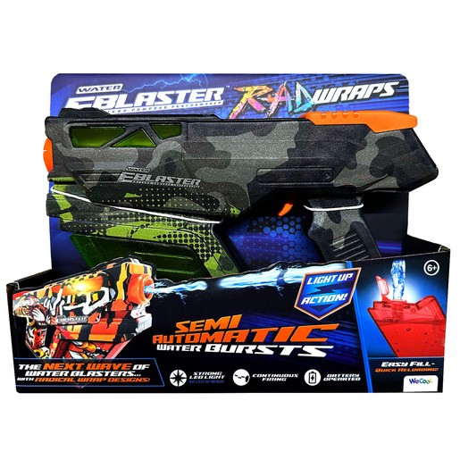 Camo-patterned water blaster in shades of green and gray with orange accents, featuring a semi-automatic mechanism and light-up action, displayed in a colorful box.