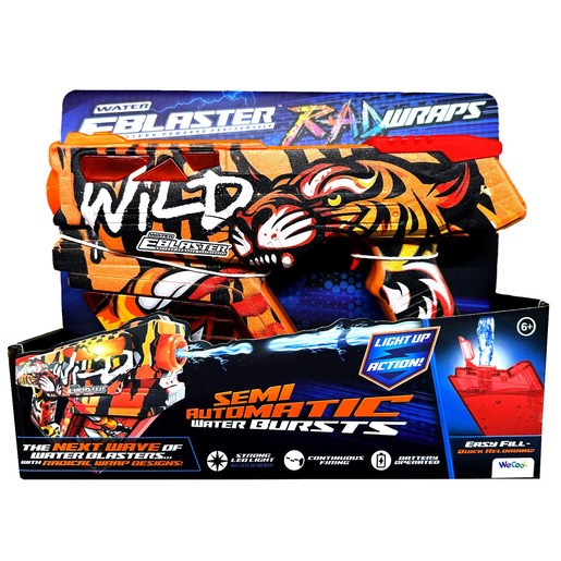 Brightly colored water blaster featuring a tiger design, semi-automatic function, and light-up action, with a bold "WILD" label on the side and a vibrant orange and black color scheme.