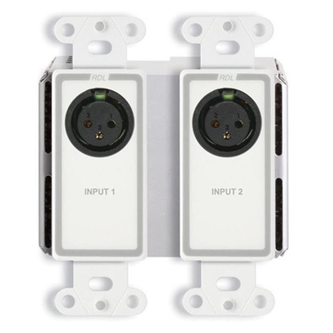 Wall-mounted, white bi-directional mic and line Dante interface featuring two XLR inputs labeled INPUT 1 and INPUT 2, with metal mounting brackets on each side.