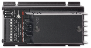 Black metal power amplifier with RDL branding, featuring 20W output, 70V and 100V connections, and various input/output terminals on one side.
