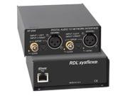Black metal digital audio to network interface with Dante and PoE, featuring XLR and RCA inputs, and an Ethernet port on the rear.