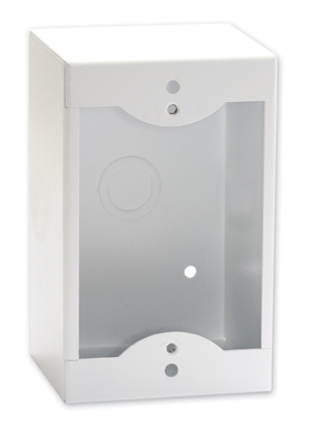 White surface mount box designed for Decora remote controls and panels, featuring a smooth finish, rounded edges, and pre-drilled holes for easy installation.