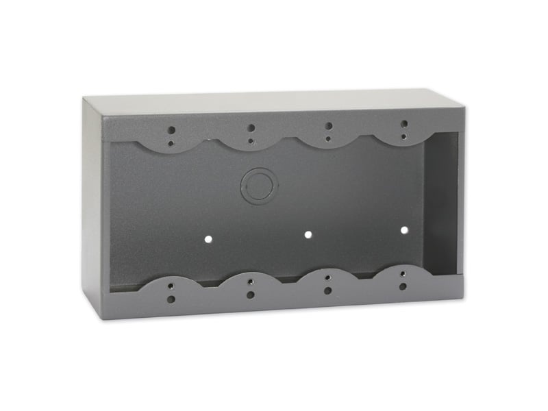 Black surface mount box designed for Decora remote controls and panels, featuring four mounting holes and a sleek, durable metal construction.