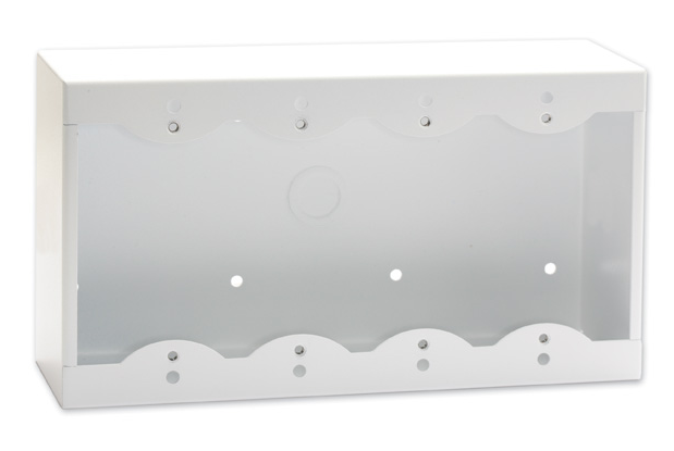 White metal surface mount box designed for four Decora remote controls and panels, featuring a smooth finish and multiple mounting holes.