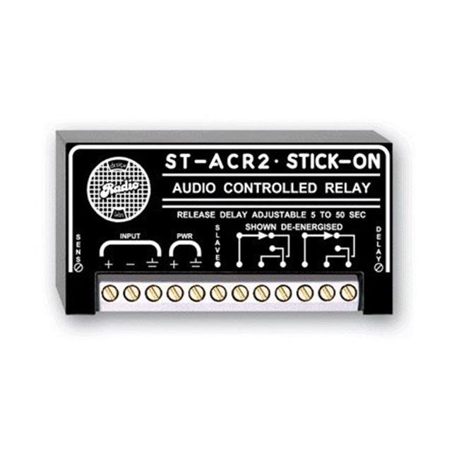 Black audio controlled relay with a white logo, adjustable delay from 5 to 50 seconds, featuring input and output terminals, and labeled control functions.