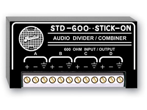 Black rectangular audio divider/combiner with gold input/output terminals, labeled A, B, C, D, and featuring a white logo and text on the front.