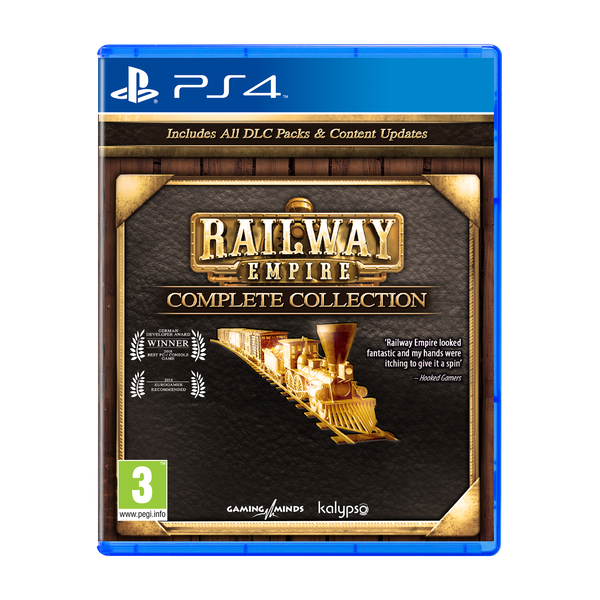 Railway Empire - Complete Collection for PS4, featuring a gold and black logo, train graphics, and a blue case, includes all DLC packs and content updates.