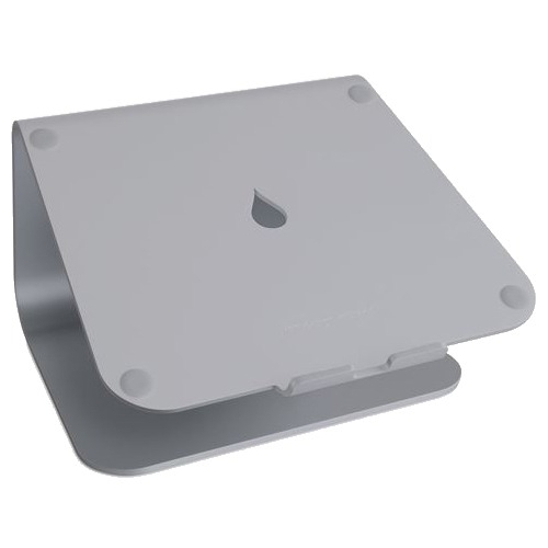 Silver aluminum laptop stand with a sleek, minimalist design featuring a cut-out drop shape on the top surface and rubberized feet for stability.