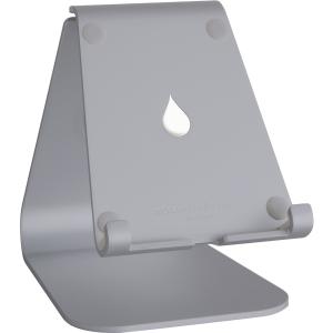 Grey metal tablet stand with a sleek design, featuring a cut-out droplet shape and adjustable support for optimal viewing angles.