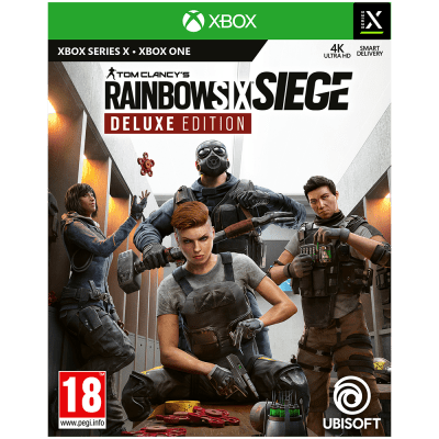 Tom Clancy's Rainbow Six Siege Deluxe Edition for Xbox Series X features a vibrant green case with action-packed characters and bold title graphics, emphasizing tactical gameplay.
