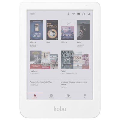 Kobo Clara Colour EReader in white featuring a 6-inch E Ink colour display, showcasing a user interface with various book covers and reading progress indicators.