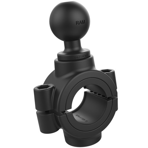 Black plastic rail base mount with a 1 ½" to 2" diameter, featuring a ball joint at the top for attachment, designed for secure mounting of devices.
