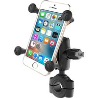 RAM Mounts X-Grip phone mount with black rubber grips and medium rail base, holding a smartphone securely.