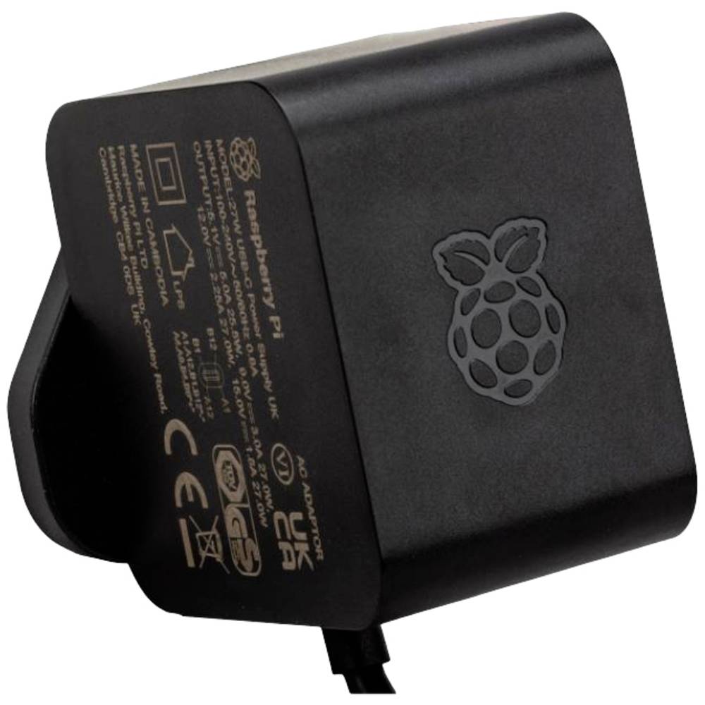 Black Raspberry Pi power supply with a 27W output, 5.1V and 5A specifications, featuring the Raspberry Pi logo and EU plug design.