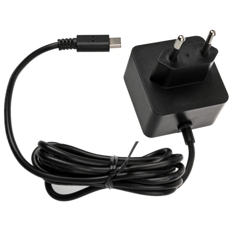 Black USB-C power supply unit with two prongs for EU sockets, featuring a flexible black cable, designed for Raspberry Pi 4.
