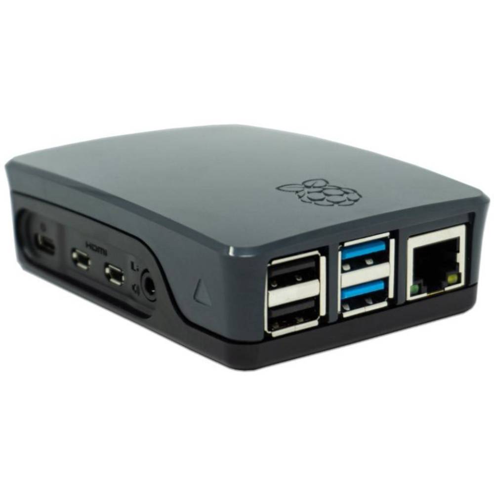 Black Raspberry Pi SC1160 Pi 5 case featuring a smooth plastic finish, multiple ports including USB, HDMI, and Ethernet, with the Raspberry Pi logo embossed on the top.