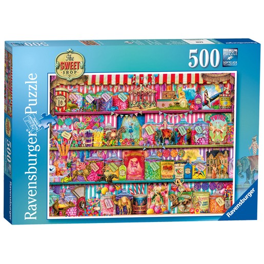 Colorful 500-piece puzzle featuring a vibrant sweet shop scene with shelves filled with candies, jars, and whimsical decorations, all set against a striped backdrop.