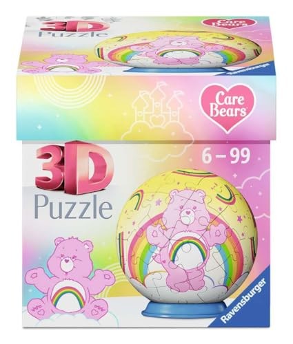 Colorful 54-piece 3D puzzle featuring Cheer Bear, a pink bear with a rainbow, in a vibrant, rainbow-themed box with whimsical designs and the Care Bears logo.