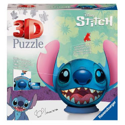 Colorful 3D puzzle ball featuring Disney's Stitch, with large pink ears, a smiling face, and vibrant blue tones, consisting of 72 pieces and designed for fun assembly.
