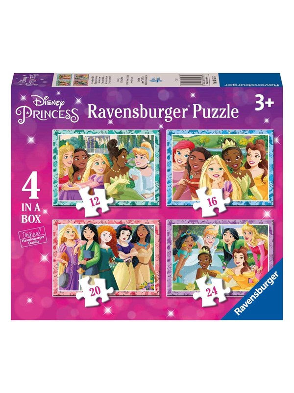 Colorful box featuring the "Disney Princess Collection" with four puzzles, showcasing various princesses, each with different piece counts: 12, 16, 20, and 24.