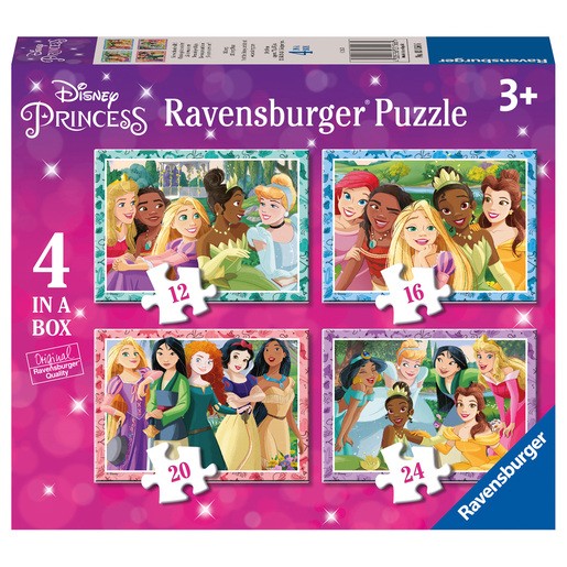 Colorful box featuring four Disney Princess puzzles, each with varying piece counts (12, 16, 20, 24), showcasing different princesses in vibrant, illustrated scenes.