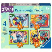 Four colorful Disney Stitch puzzles in a box, featuring vibrant scenes with Stitch and Lilo, each with different piece counts: 12, 16, 20, and 24. Suitable for ages 3 and up.