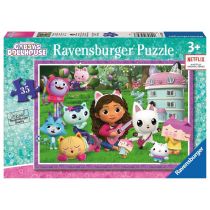 Colorful jigsaw puzzle featuring Gabby and her cat friends in a whimsical garden setting, with vibrant characters and a pastel-colored dollhouse. Suitable for ages 3 and up.