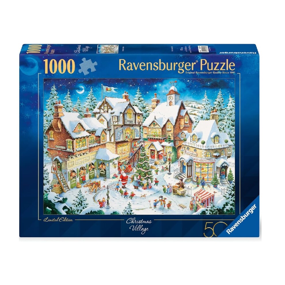 A colorful 1000-piece puzzle featuring a snowy Christmas village scene with charming houses, trees, and festive decorations, all set against a starry night sky.