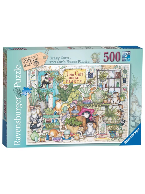 Colorful puzzle box featuring whimsical illustrations of cats among house plants, with a central sign reading "Tom Cat's House Plants" and various vibrant details.