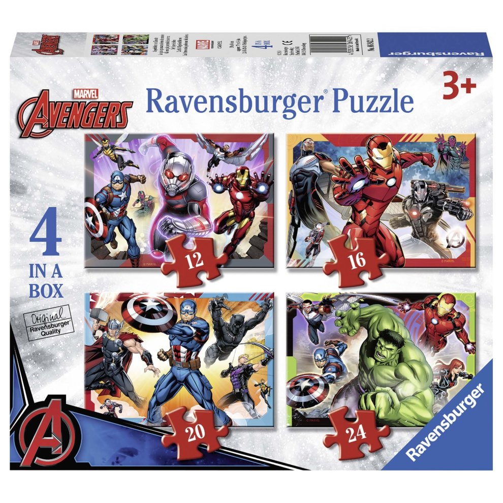 Four colorful jigsaw puzzles featuring Marvel Avengers characters, including Iron Man and Hulk, in a sturdy box, suitable for ages 3 and up, with piece counts ranging from 12 to 24.