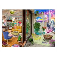 Colorful NYC apartment scene featuring a cozy living room with a yellow sofa, vibrant chairs, and a balcony with plants, overlooking the skyline and Empire State Building.
