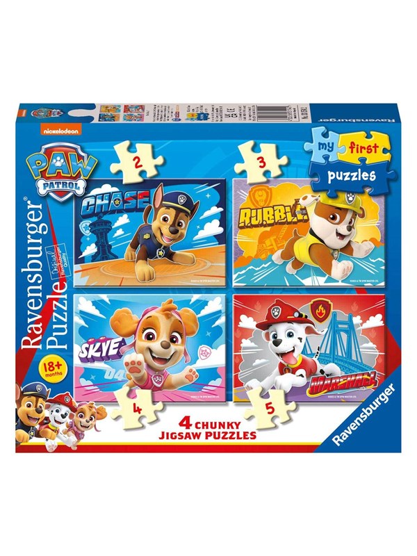 Four chunky jigsaw puzzles featuring colorful characters from Paw Patrol, including Chase, Skye, Rubble, and Marshall, in a vibrant box design with a blue and red theme.