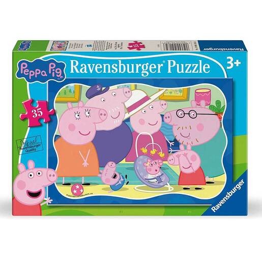 Colorful 35-piece puzzle featuring Peppa Pig and her family, showcasing vibrant characters in a playful setting, with a box design highlighting the puzzle's theme and age recommendation.