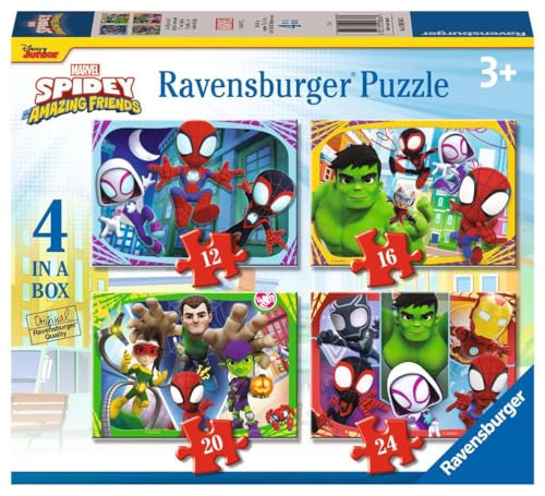 Four colorful puzzles featuring Spidey and his friends, showcasing vibrant scenes with characters like Spider-Man and the Green Goblin, each with different piece counts (12, 16, 20, 24).