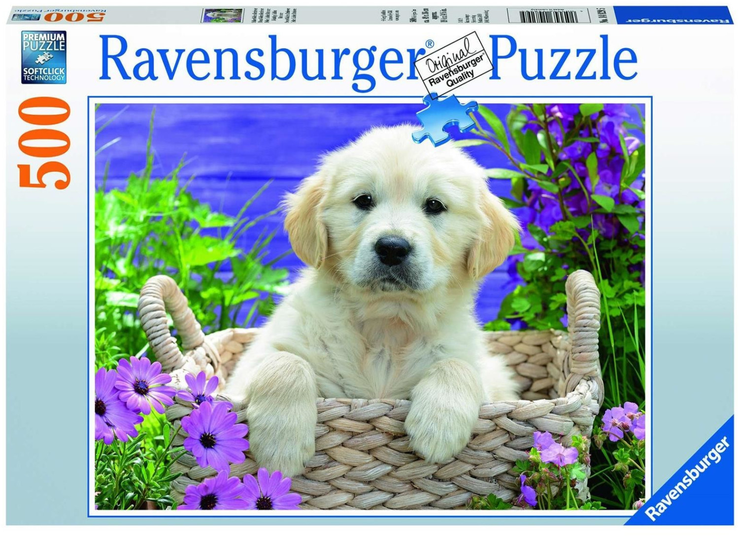 A 500-piece puzzle featuring a cute golden retriever puppy sitting in a woven basket surrounded by purple flowers and green foliage, with a blue background.