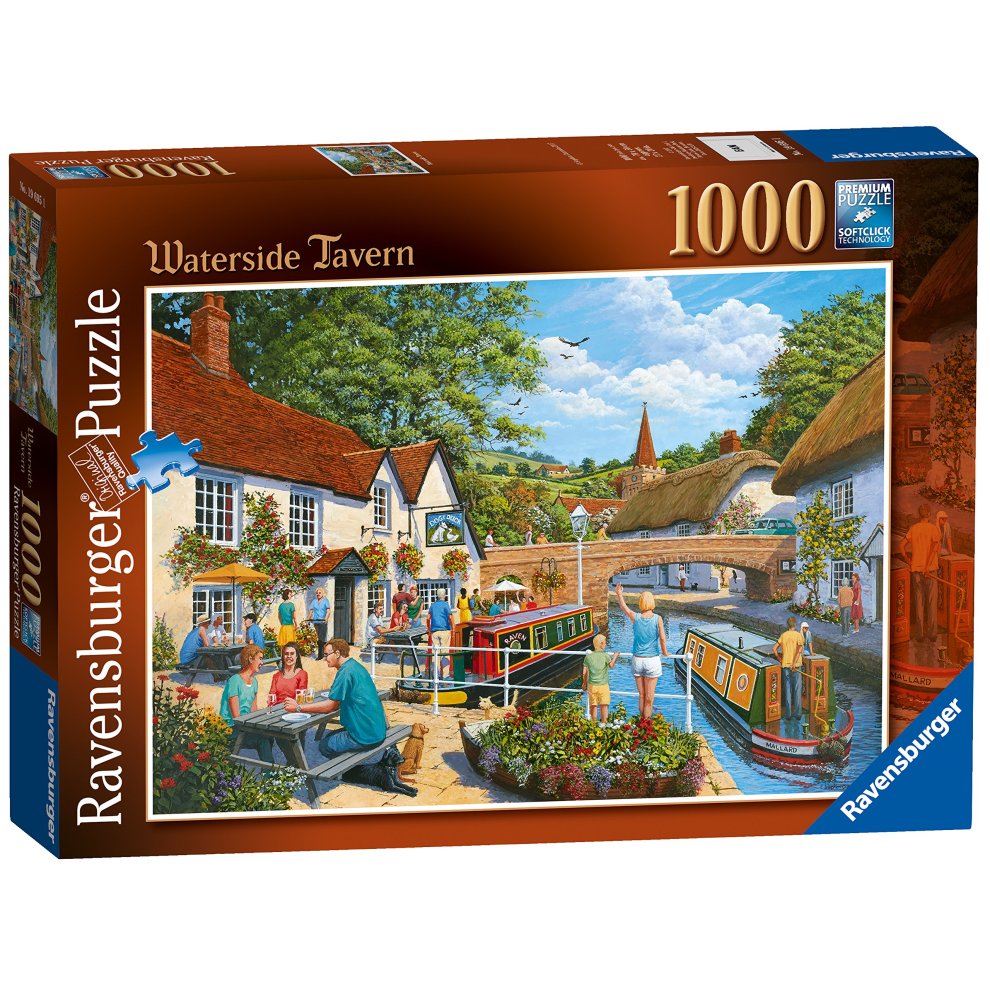 Ravensburger's 1000-piece puzzle features a vibrant waterside scene with a quaint tavern, colorful boats, lush greenery, and people enjoying leisure activities.