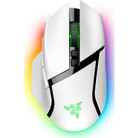White Razer Basilisk V3 Pro gaming mouse with RGB lighting, ergonomic design, and black accents.