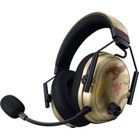 Razer BlackShark V3 Pro headset, gold ear cups with red design, black headband, detachable mic, wired and wireless options.
