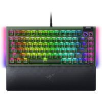Razer BlackWidow V4 75% keyboard, black with RGB backlit keys, USB connection, and wrist rest.