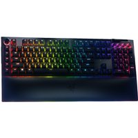 Black Razer BlackWidow V4 Pro gaming keyboard with RGB backlighting, USB connection, and QWERTY layout.