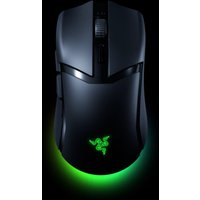 Black Razer Cobra HyperSpeed gaming mouse with green LED logo, ergonomic design, and textured scroll wheel.