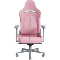 Pink Razer Enki gaming chair with hard seat, hard backrest, adjustable armrests, and silver base.
