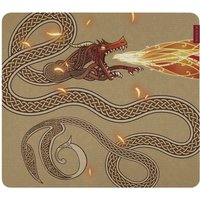 Razer Gigantus V2 gaming mouse pad, gold-yellow with intricate dragon design and flame details.