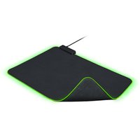 Black Razer Goliathus Chroma gaming mouse pad with green LED lighting and USB cable connection.