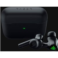 Black Razer Hammerhead HyperSpeed wireless in-ear headphones with green logo and matching charging case.