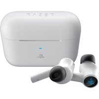 White Razer Hammerhead HyperSpeed wireless in-ear gaming headphones with compact charging case, Bluetooth connectivity.