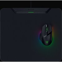 Black Razer HyperFlux V2 gaming mouse pad with RGB lighting and sleek design, paired with a matching wireless mouse.