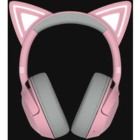 Pink Razer Kraken Kitty V2 BT wireless gaming headset with cat ears and gray cushioned ear cups.