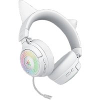 White Razer Kraken Kitty V3 Pro wireless gaming headset with cat ears and RGB lighting on ear cups.