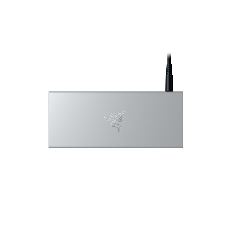 Sleek silver Razer laptop dock with a minimalist design, featuring a prominent Razer logo and a wired USB 3.2 Gen port for connectivity.